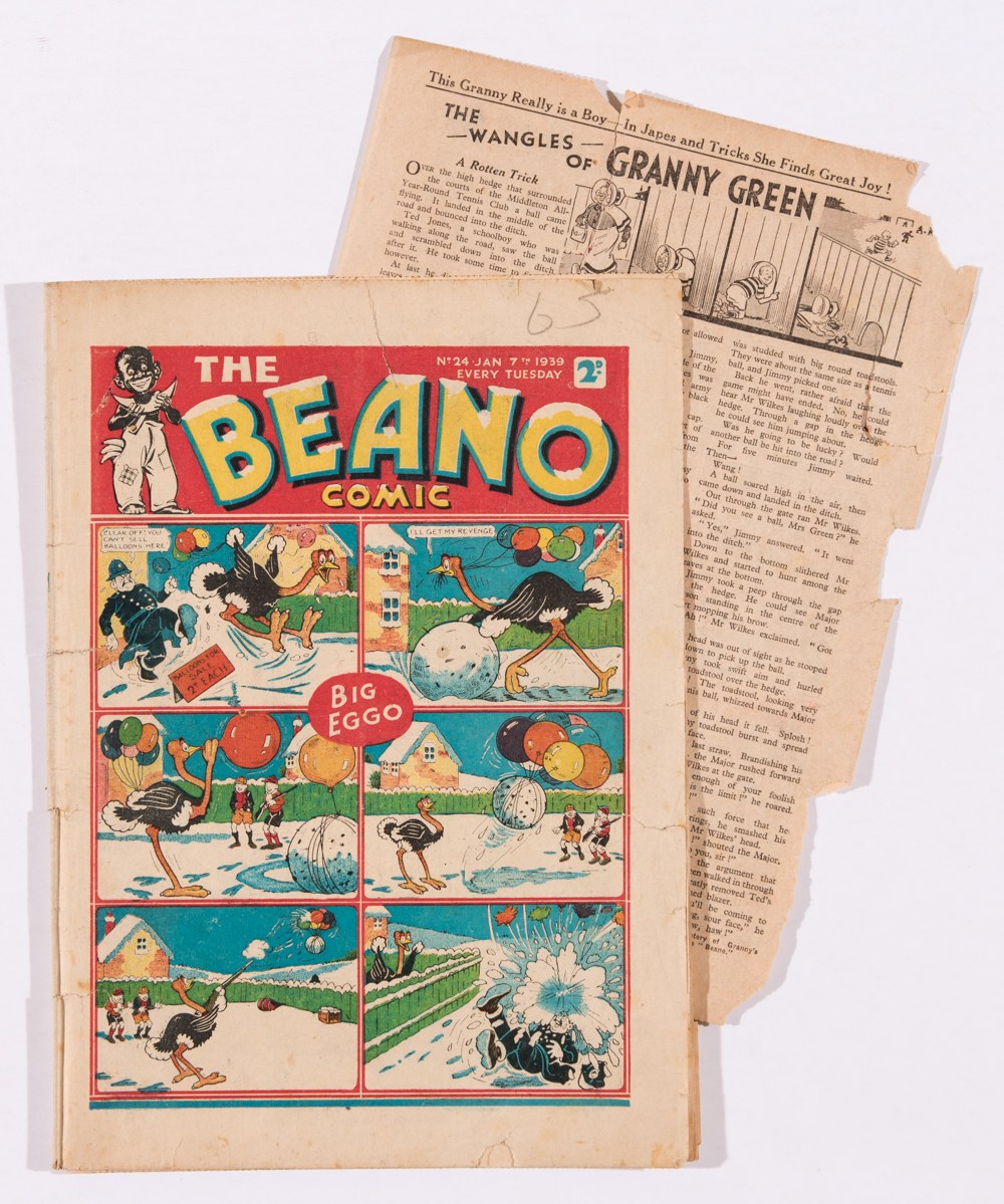 Beano No 24 (1939). Bright cover with spine and edge tears, centre page margin pieces missing (not