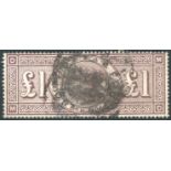 1888 Wmk Orbs £1 brown-lilac MD, good U example (smudged cancel), scarce, SG.186. Symbol:  C