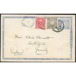 1900 postal stationery card 1½s pale blue upgraded with Koban 2s rose (SG.114) mixed with