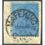 1900 1d deep blue/blue Goodyear, tied to piece by Mafeking c.d.s, SG.18. (1) Cat. £325 Symbol:  M
