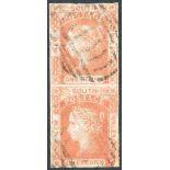 1852 1d vermilion on bluish medium wove paper, vertical pair (32/42) with clear margins at left &