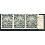 1938-47 4d black P.13½ x 13 marginal M strip of three incl. variety 'curved line' at top right UM,