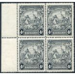 1938 4d black P.14 marginal M block of four (3x UM) incl. variety 'flying mane' UM, SG.253da. (4)