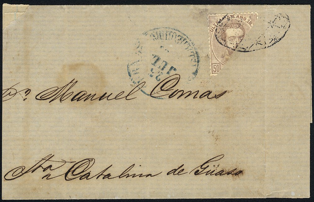 CUBA 1873 wrapper to Catalmia de Guaso, franked bisected 50c, tied by 'pineapple' cancel of