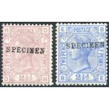 1876 2½d rosy mauve Pl. 7, 2½d blue Pl. 17 both optd SPECIMEN type 9 fresh M, SG.141sc, 142s. (2)