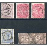 1883 2/6d, 5s (2) & 10s, good to FU, SG.178/183 + 1884 Wmk Crowns £1 brown-lilac CA, good U example,