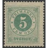 1872-79 P.14 5ore emerald green, fresh colour large part o.g, SG.18a, Cat. £350 Symbol:  J