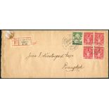 1912 reg envelope to Bangkok bearing 2s on 2a yellow green SG.127 & 6s carmine (4) SG.143, tied by