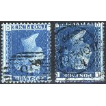 1858 2d blue Pl.9 & Pl.13 both Wmk Inverted, cancelled London Inland Office numeral '46' & London