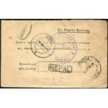 1929 scarce ON POSTAL SERVICE printed card to India, front shows oval KATMANDU boxed NEPAL & FYZABAD