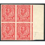 1912 1d scarlet Die 2 Paper Trial Imperforate, no wmk right hand marginal block of four, fine