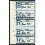 1929 PUC London Registration labels marginal strip of five 'No 94-98' fresh with full o.g. (5)