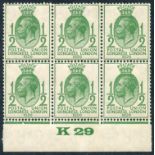 1929 PUC ½d Control K29 block of six, Wmk Inverted UM, centre top stamp has some missing perfs.