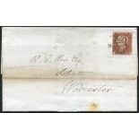 1843 cover to Worcester, franked 1841 1d CF, four margin example, tied No 7 in Maltese Cross,