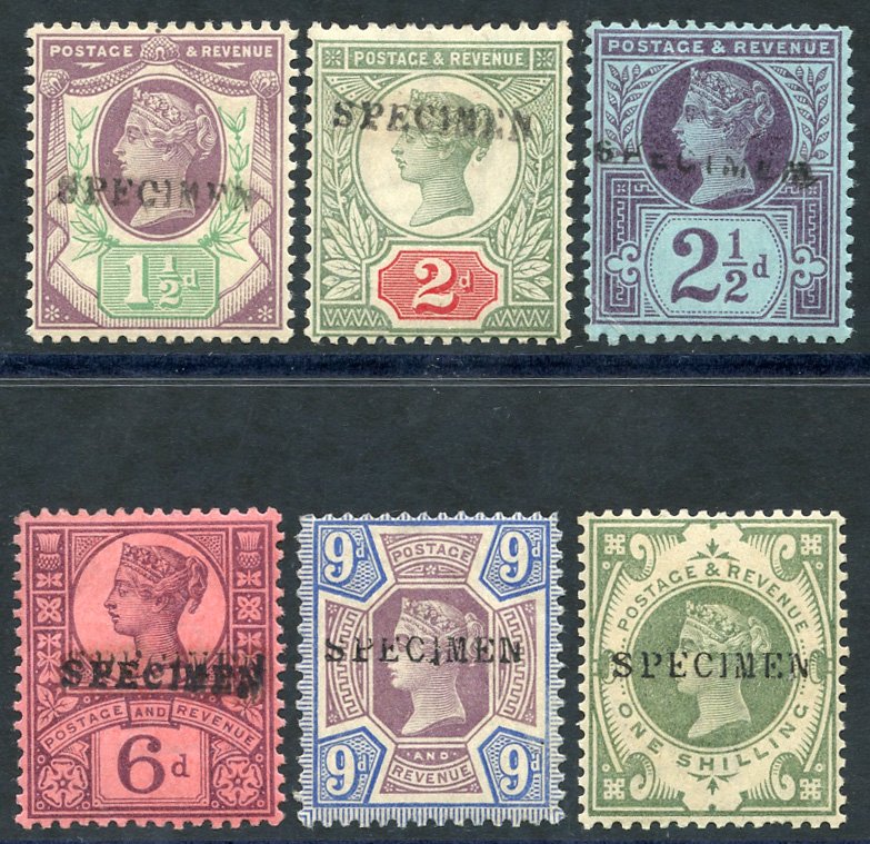 1887 Jubilee 1½d, 2d, 2 ½, 6d, 9d & 1s each optd SPECIMEN Type 9, from SG.198s/211s. (6) Cat. £400