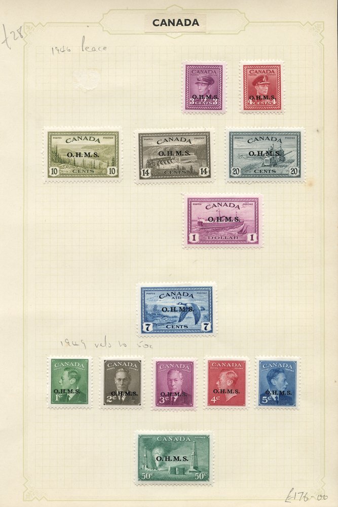 OFFICIALS 1949 OHMS Peace 10c, 14c, 20c & $1, 7c Air, 1949-50 to 50c, 1950 (2nd Oct) 'G' set, 7c Air