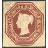 1847 10d brown Die 2, unused example with good to large margins, faults incl. closed tear & thin,