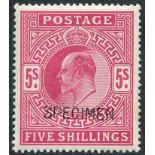 1902 5s bright carmine optd SPECIMEN Type 16, fresh M, SG.263s. Cat. £380 Symbol:  S