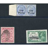 1886 5s rose wmk inverted FU (crease), SG.30w, 1902 1d on 2½d dull blue marginal pair incl. '