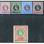 1908-09 6d to 2/6d & 10s M (10s tiny tone), SG.165/68 & 170. (5) Cat. £180 Symbol:  J