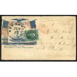 1863 illustrated Patriotic envelope addressed to Smith Falls, Canada West, franked by 10c Washington