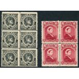 1894 ½c black, fresh M block of six, 6c fresh M block of four, SG.59/60. (10) Cat. £188+ Symbol: