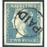 1859 2d blue, large margined example, superb 'PAID' cancel. (1) Cat. £850 Symbol:  C