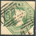 1847 1s green FU with barred oval numerals '177,' close cut on two sides, SG.55. (1) Symbol:  C