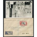 1947 Registered Air Mail cover franked 1/3d defin from Port Stanley to Montevideo Per U.S. Submarine