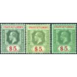 1912-23 $5 green & red/green white back, SG.212, $5 Die II on emerald back, SG.212d, & 1921-33 $5