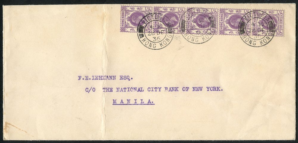 1936 Airmail envelope addressed to Manila bearing 5c violet strip of five (SG.121), tied by