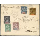 GUADELOUPE 1899 reg envelope to Germany bearing 1c black/azure (Yv 27), 4c lilac/brown (Yv 29), 5c