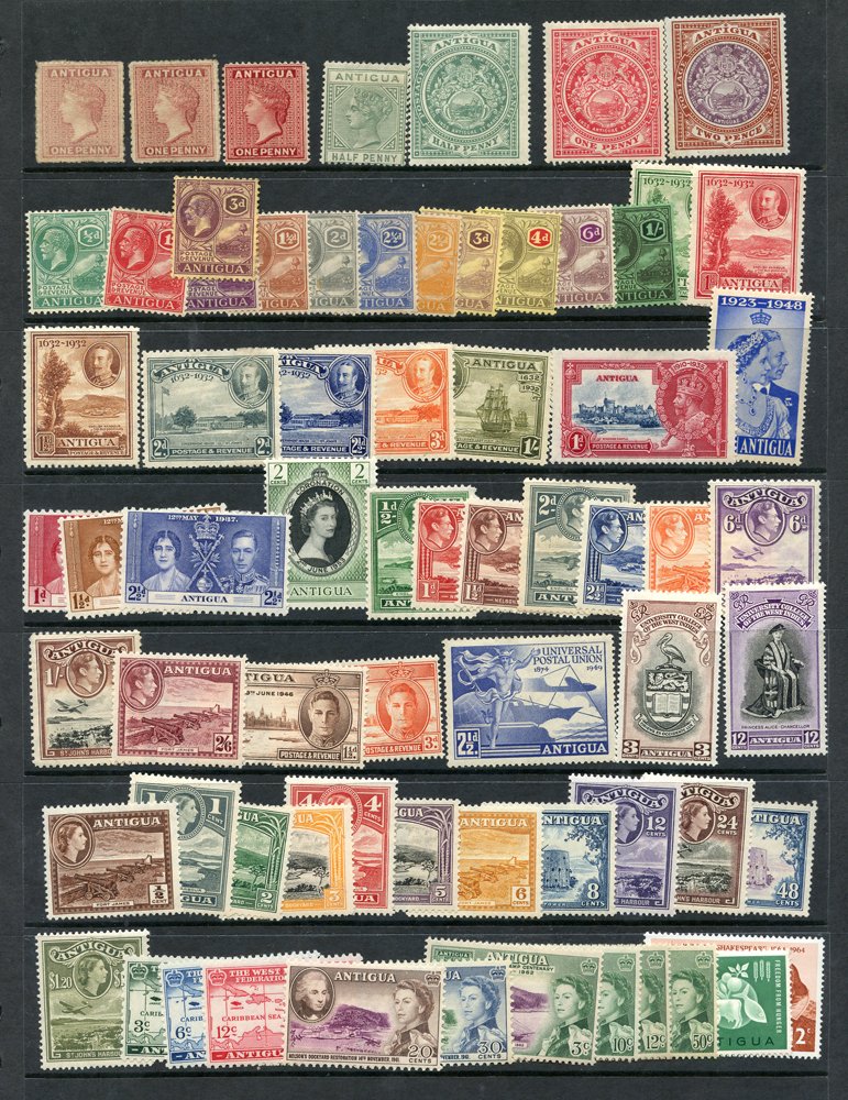 BRITISH COMMONWEALTH M & U ranges on hagner leaves from Antigua QV-QEII incl. 1932 Tercentenary (7