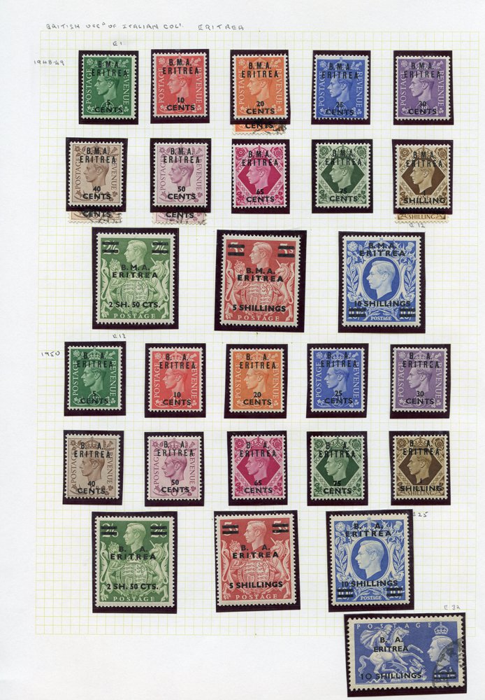 M.E.F 1943 to 10s M & Dues, 1942 to 5d. Cyrenaica 1950 set M. Eritrea 1948 & 1950 sets M, 1951 10s