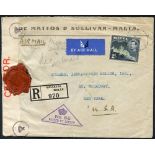1940 reg envelope to New York bearing 2s blue/green (SG.228), tied by G.P.O Malta c.d.s. with