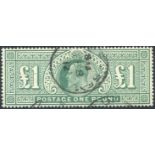 1902 £1 dull blue green, VFU with Jersey c.d.s, SG.266. Symbol:  C