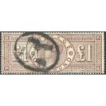 1884 Wmk Crowns £1 brown lilac PB, FU with 'R' in oval registered cancel, SG.185. (1) Symbol:  C