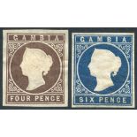 1869 No Wmk 4d & 6d four margined examples unused or part o.g (hinge remnants), SG.1 & 3. (2)