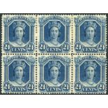 1865 24c blue block of six, fresh M, SG.30. (6) Symbol:  J