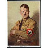 Third Reich scarce coloured Hitler portrait card, publ. F. A. Ackermans, Munich, probably part of