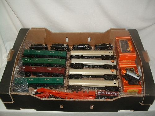 A tray containing 20 Goods Wagons and a Breakdown Crane - 4 x TRIANG BR(S)/SR Utility Vans (all