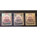 Three Federated Malay States stamps 1900, SG1, 3, 5, mint. Cat. £75.