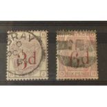 Two Victorian stamps: G.B. 3d on 3d and 6d on 6d. Cat. £290.