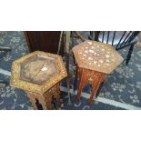 An early 20th century mother of pearl inlaid small hexagonal occasional table together with another