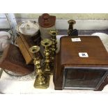 An Art Deco style wooden cased mantle clock with square face together with an oak and silver plated