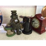 A collection of various Oriental items to include a red lacquer Chinoiserie style mantle clock,