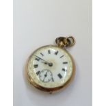 A 14 carat gold cased fob watch decorated with a blue violet (minor fault to enamel).