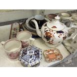 Two 19th century transfer decorated china mugs together with a Coalport bone china teapot and other