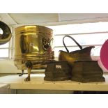 Two brass coal buckets together with a pair of brass tea and coffee canisters.