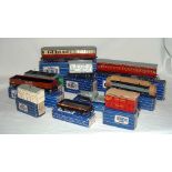 HORNBY DUBLO 3R - 6 x Tinplate BR Goods Wagons and  2 x Coaches and 2 Containers in Blue & White